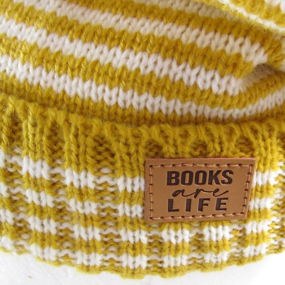 NEW Knit Beanie Pom Pom Cap, Fleece Lined, Books Are Life Patch, Book Lover Gift - Picture 5 of 5